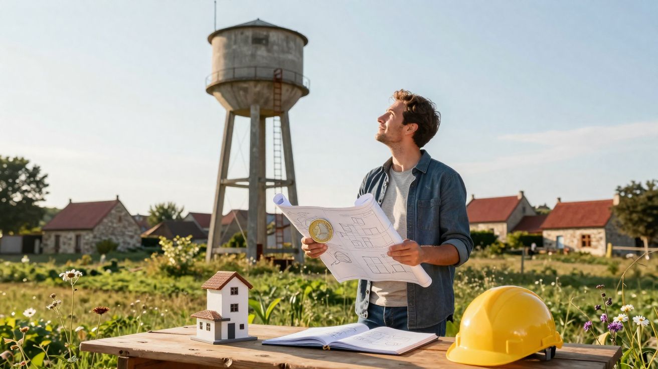 Homem com planta em mãos observa torre de água, com casa em miniatura e capacete amarelo numa mesa ao ar livre.