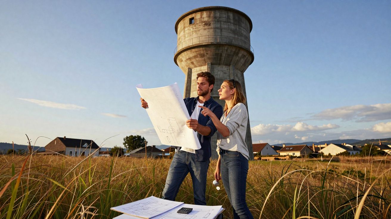 Dois engenheiros analisam plantas numa área rural com casa e torre de água ao fundo ao pôr do sol.