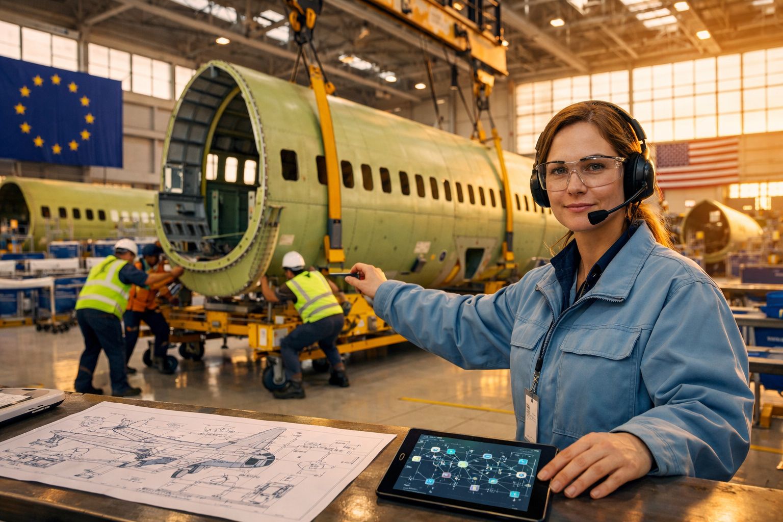 Engenheira com tablet e óculos de proteção num hangar com fuselagem de avião e técnicos ao fundo.