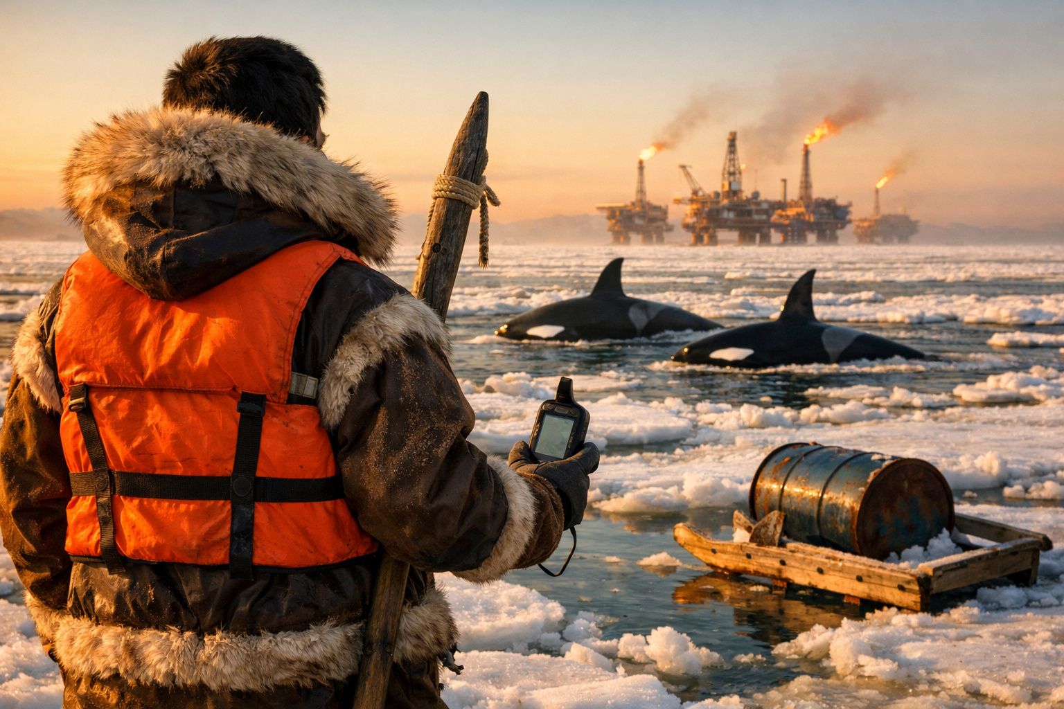 Homem com vestido quente e colete salva-vidas observa orcas no gelo com plataforma petrolífera ao fundo ao pôr do sol.