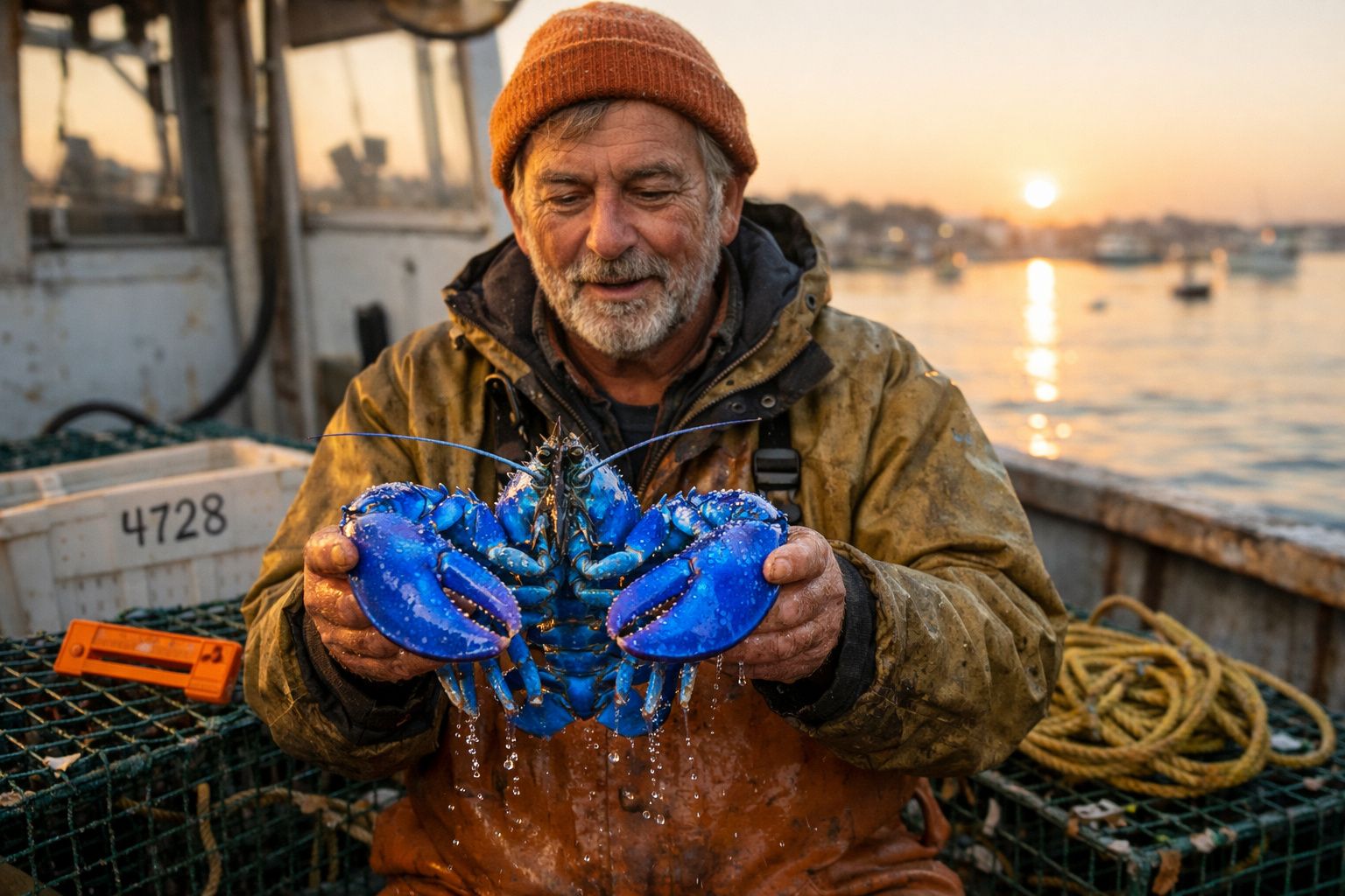 Pescador a bordo de barco a segurar uma lagosta azul viva ao pôr do sol no mar.