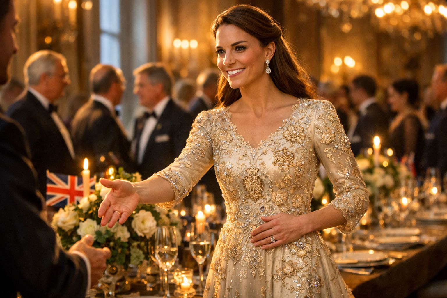 Mulher com vestido dourado elegante cumprimenta alguém numa festa formal com flores e velas ao fundo.