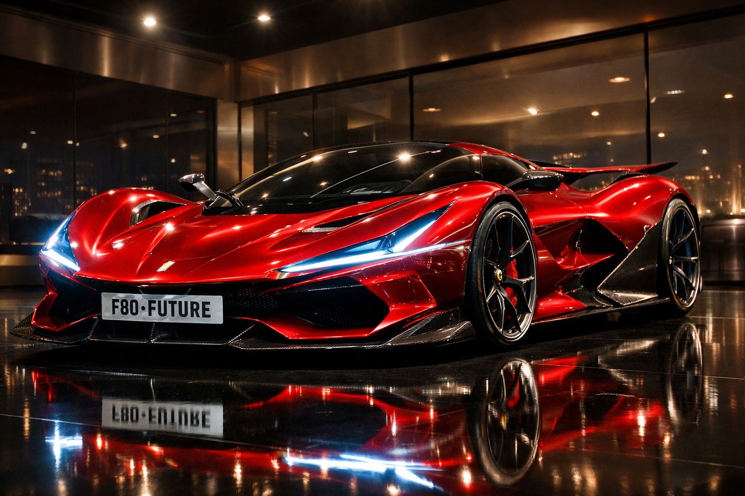 Carro desportivo vermelho futurista com luzes LED azul e reflexos num piso brilhante à noite.