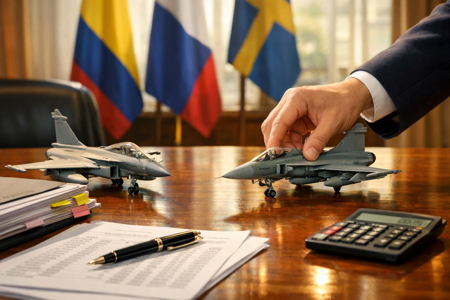 Mão mexe em miniaturas de aviões de combate sobre mesa com documentos, canetas, calculadora e bandeiras ao fundo.