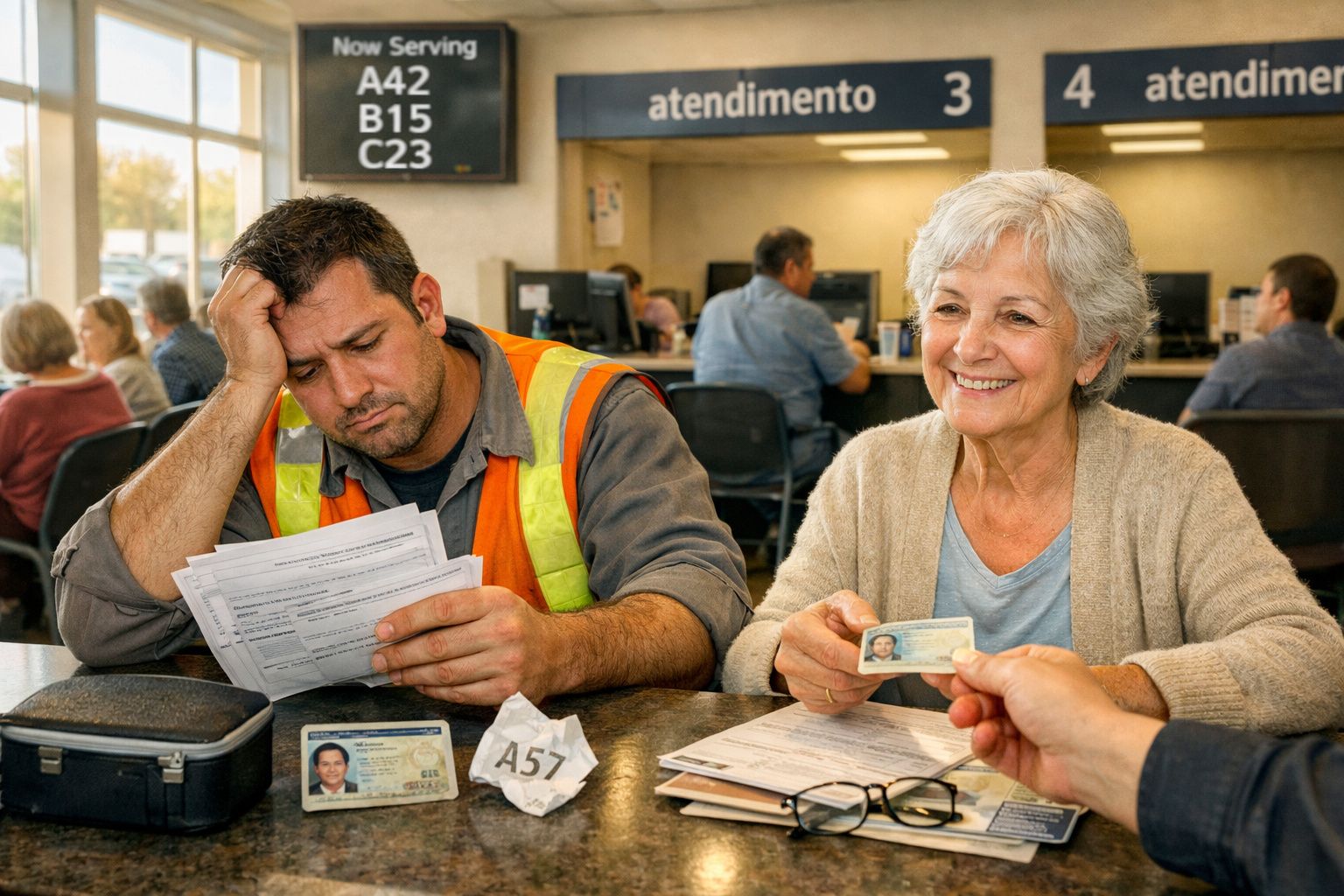 Homem cansado a analisar documentos e mulher idosa a entregar cartão de cidadão num balcão de atendimento.