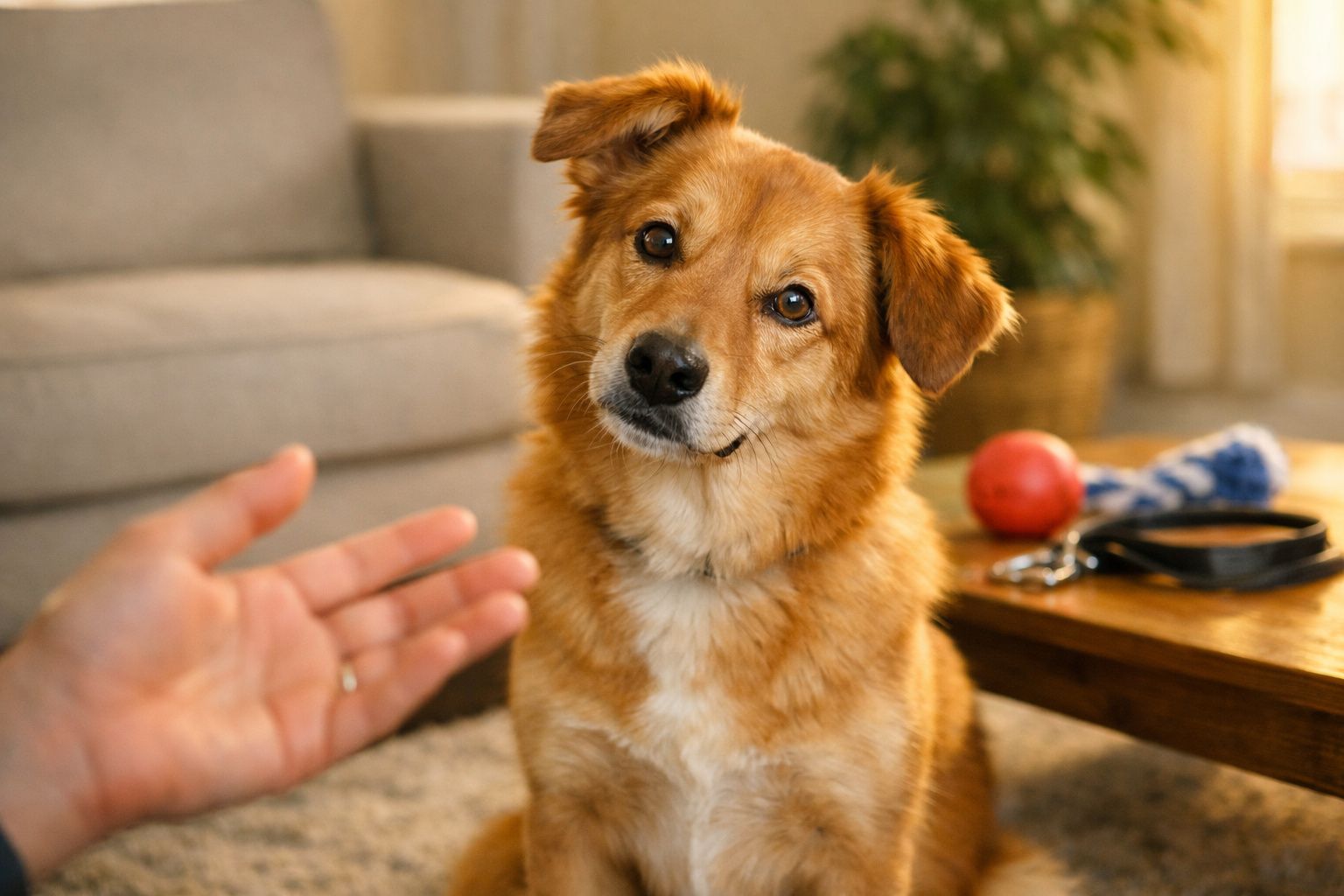 Cão castanho de pelo curto sentado no chão, olhando atentamente para uma mão estendida.