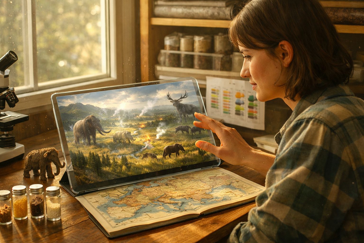 Mulher a observar animais pré-históricos num ecrã tátil, com mapa e figuras de elefantes na mesa.