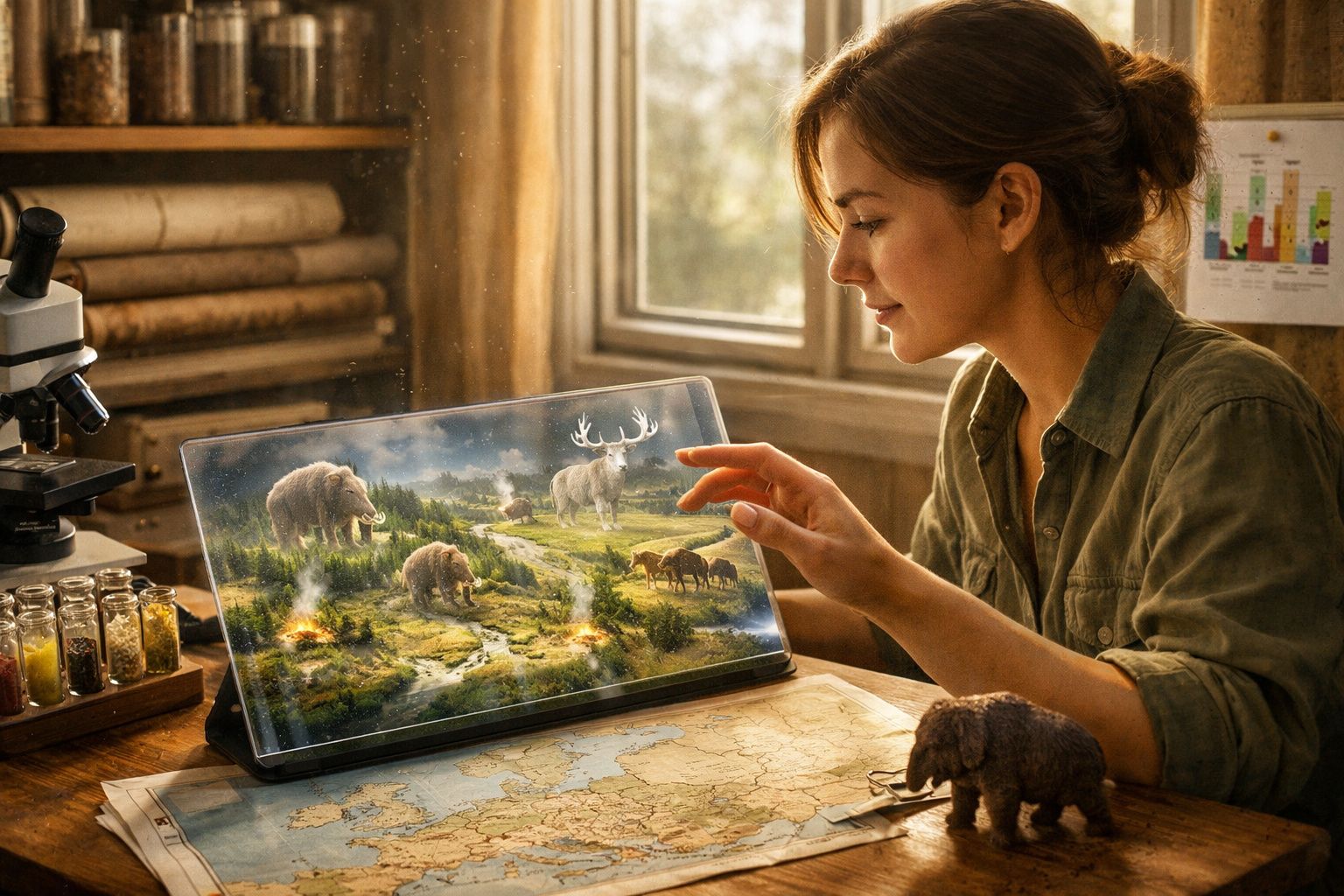 Mulher em ambiente de estudo observa cenário virtual com animais pré-históricos numa mesa com mapa e microscópio.
