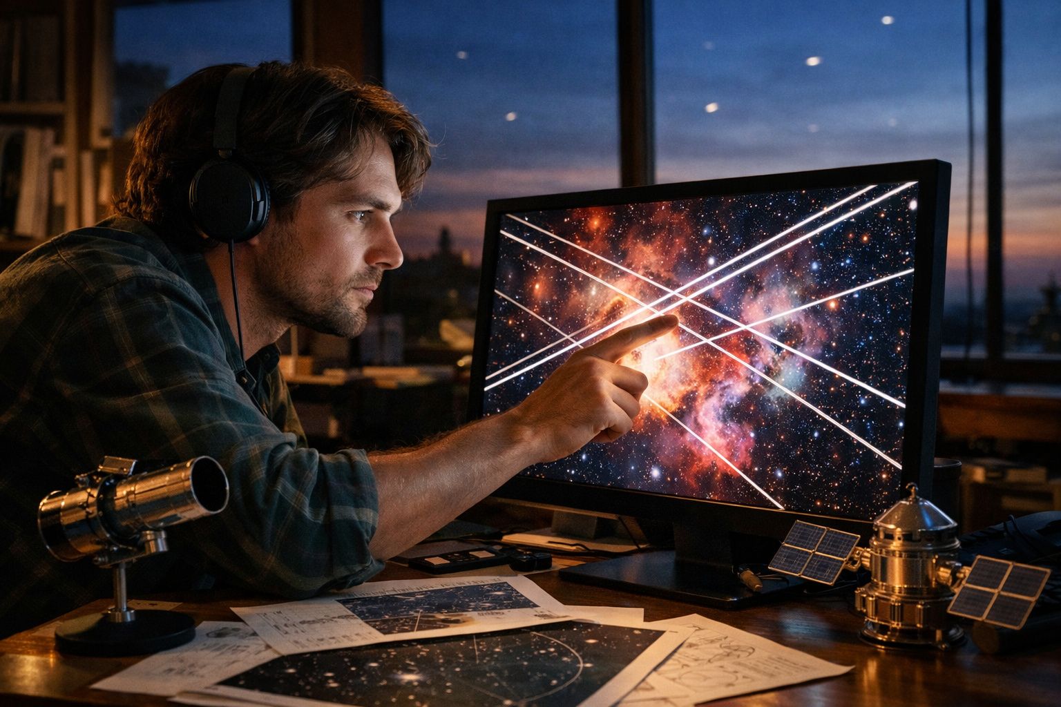 Homem com auscultadores aponta para imagem de galáxia com linhas brancas num ecrã de computador.