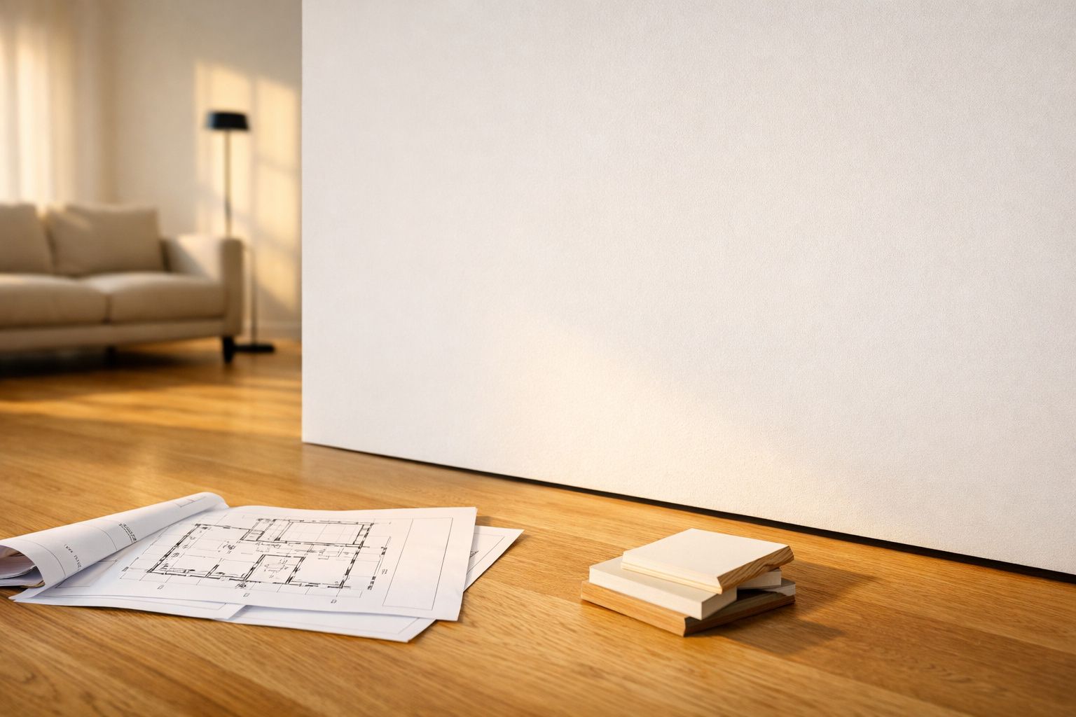 Plantas arquitectónicas e amostras de madeira sobre chão de madeira numa sala com sofá e abajur ao fundo.
