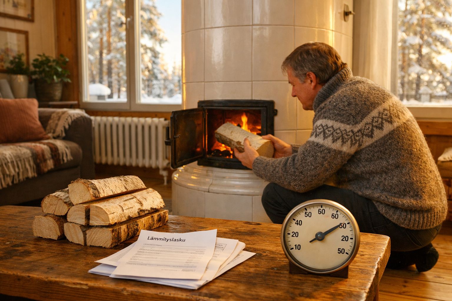 Homem a colocar lenha numa lareira dentro de uma sala acolhedora com decoração rústica.