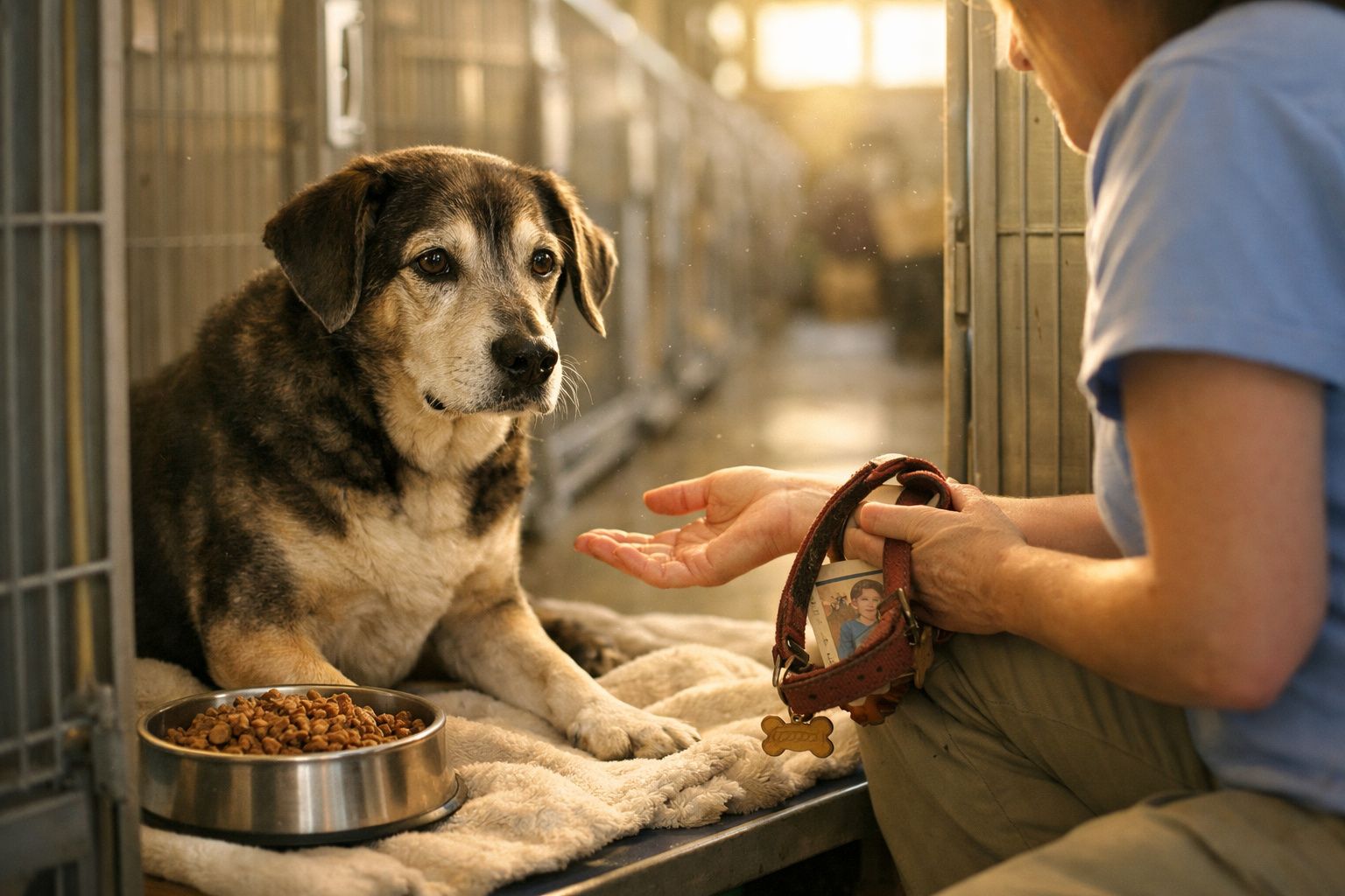 Cão com olhar triste num canil, sentado em manta junto a comida, enquanto pessoa segura coleira e fala com ele.