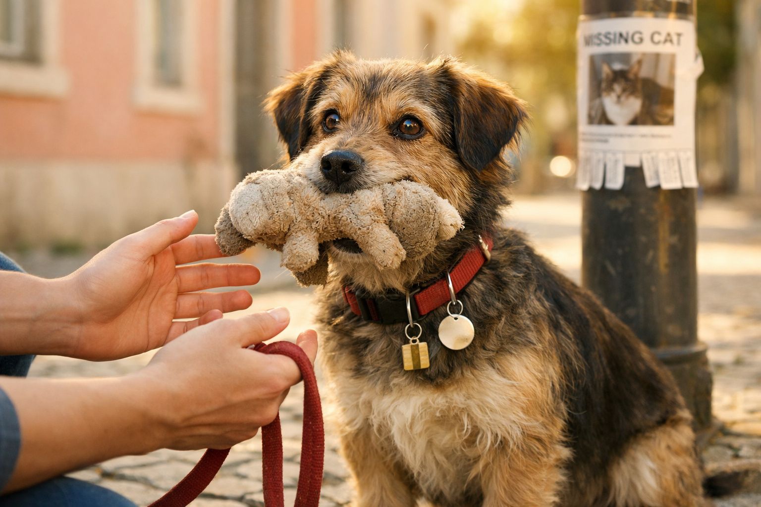 Cão pequeno com brinquedo na boca e coleira vermelha, junto a dono com trela na mão numa rua.