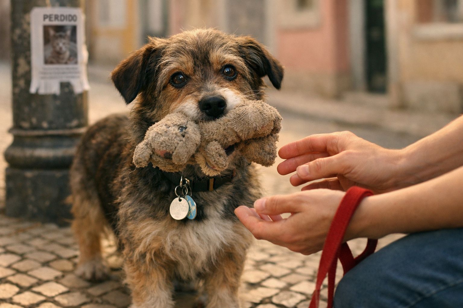 Cão castanho com brinquedo na boca olha para mãos estendidas numa rua com calçada portuguesa.