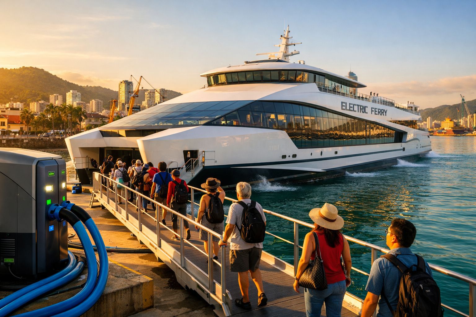 Passageiros embarcam num ferry elétrico ao entardecer, com cidade e colinas ao fundo.