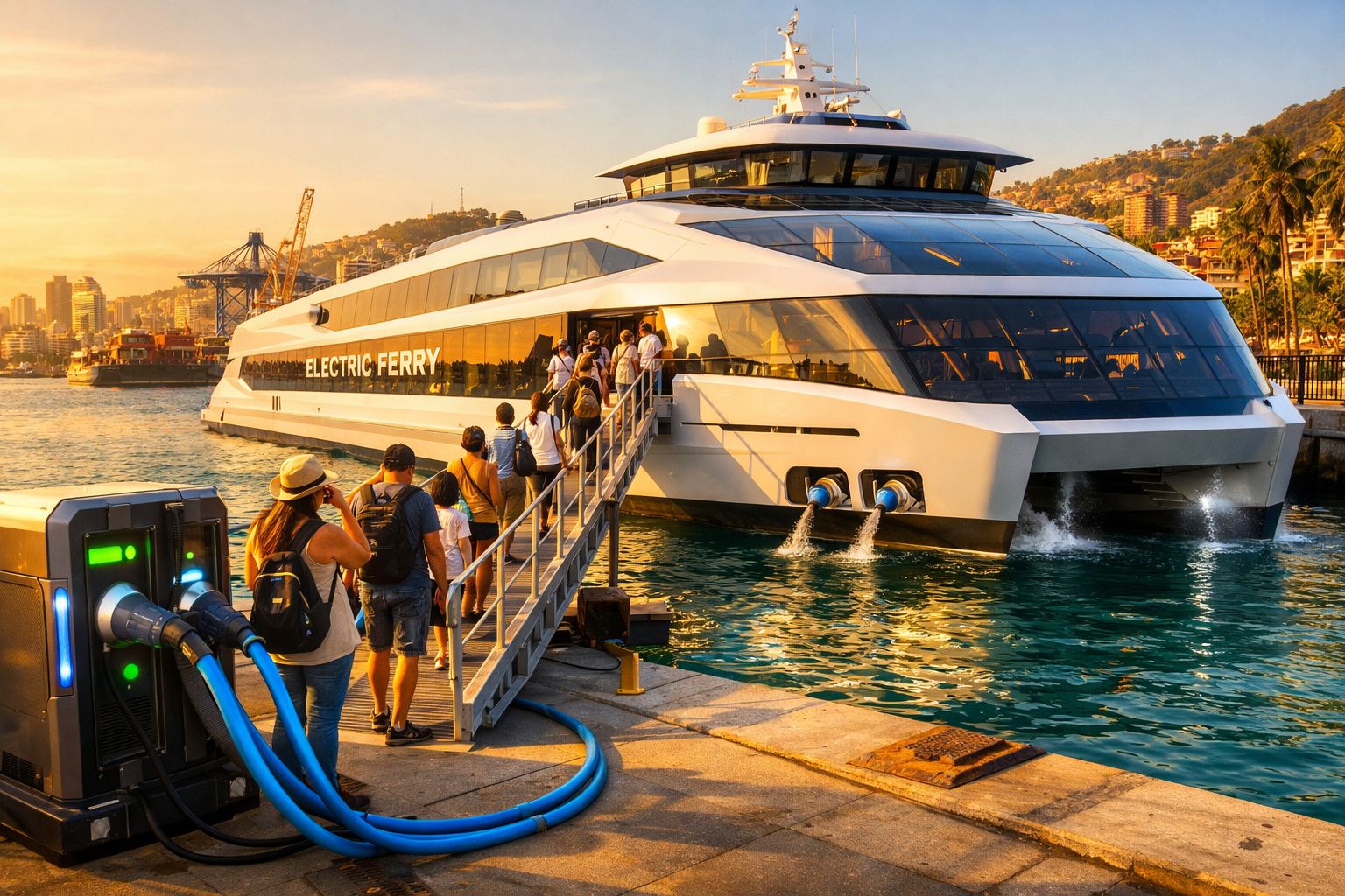 Passageiros a entrar num ferry elétrico moderno ao pôr do sol num porto costeiro.