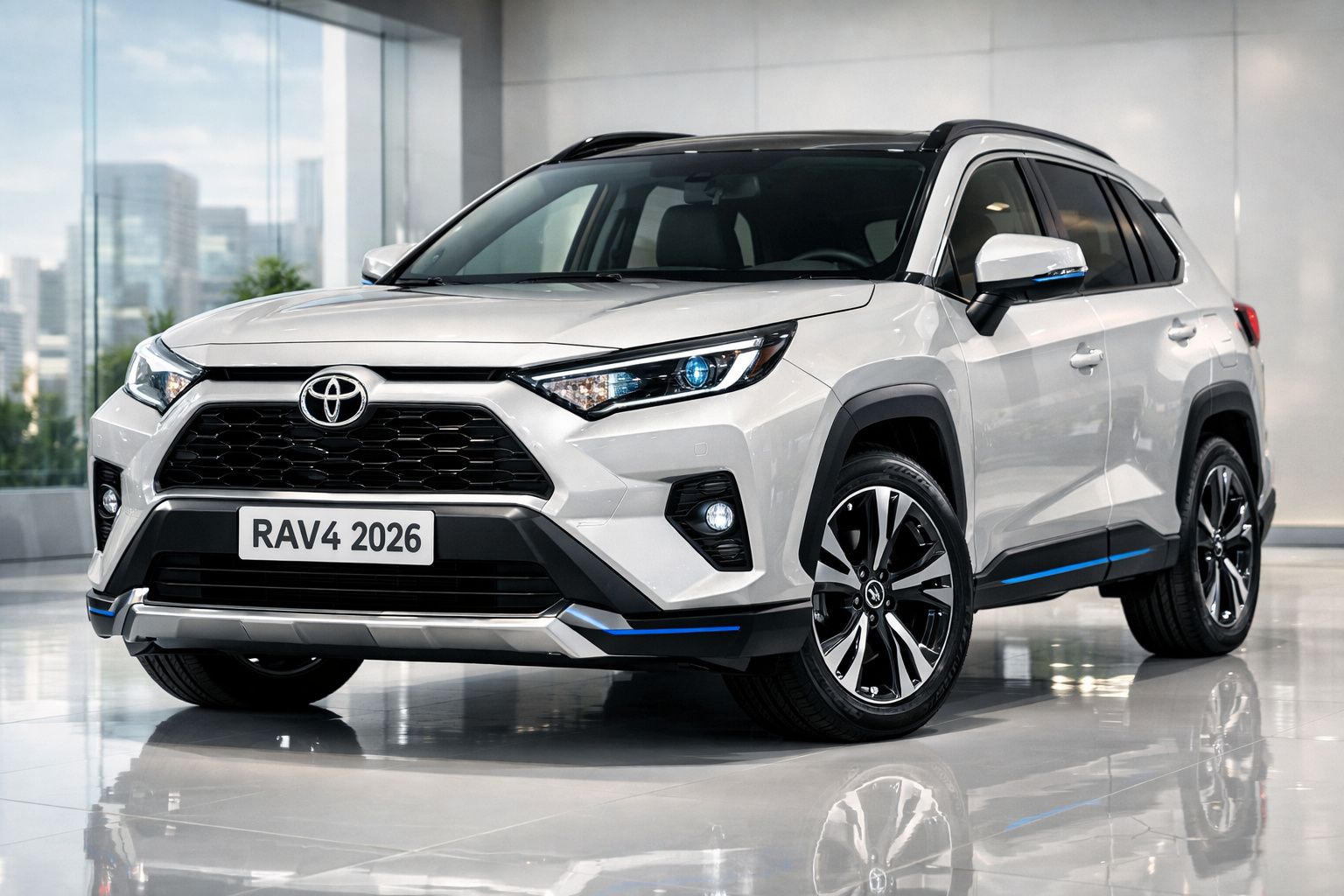 Carro SUV Toyota RAV4 2026 branco, visto de frente e lado direito numa sala moderna.