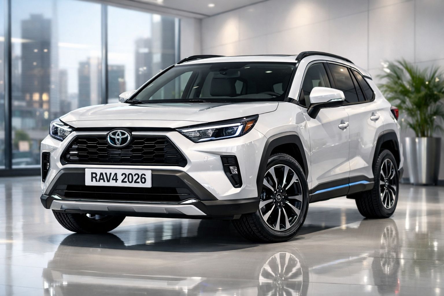 Toyota RAV4 2026 branco, SUV moderno estacionado em interior com iluminação natural.