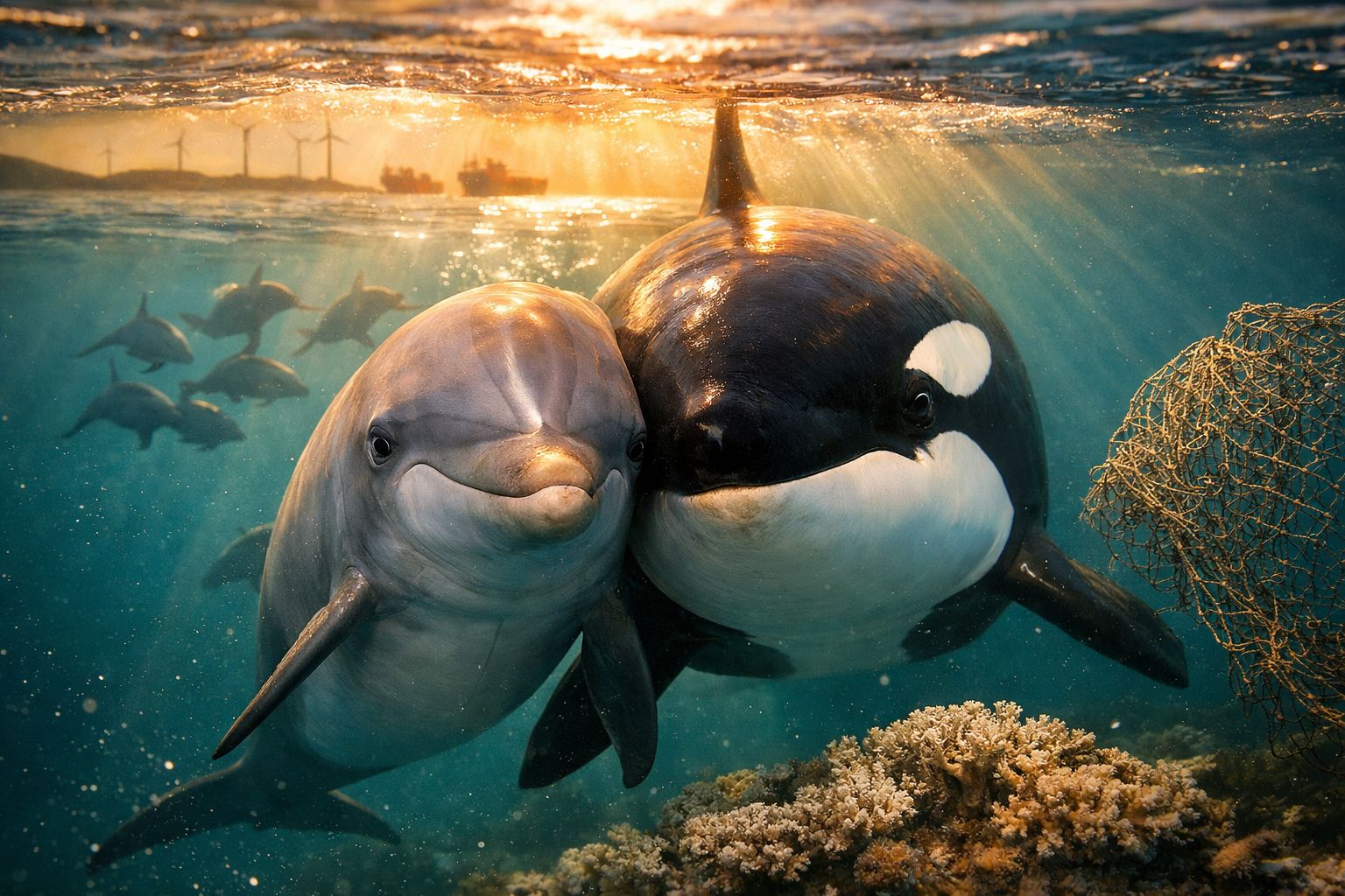 Golfinho e orca juntos debaixo de água com corais e rede presa, ao pôr do sol.