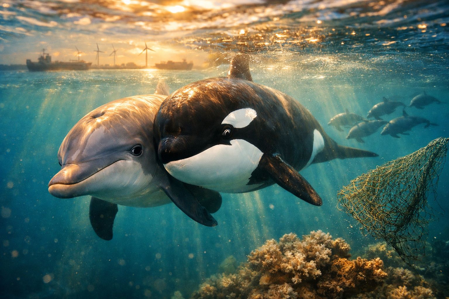 Golfinho e orca nadando juntos junto a uma rede de pesca num ambiente marinho iluminado pelo sol.