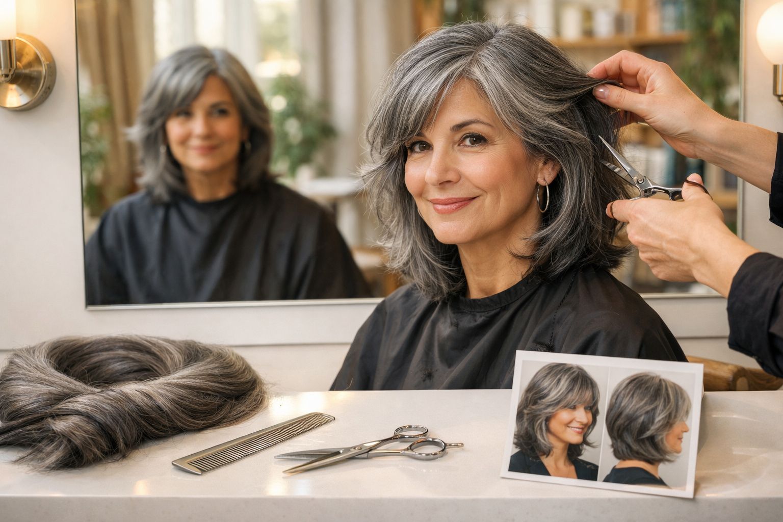 Mulher de cabelo grisalho a sorrir enquanto corta cabelo num salão de cabeleireiro, com fotos de cabelo curto ao lado.