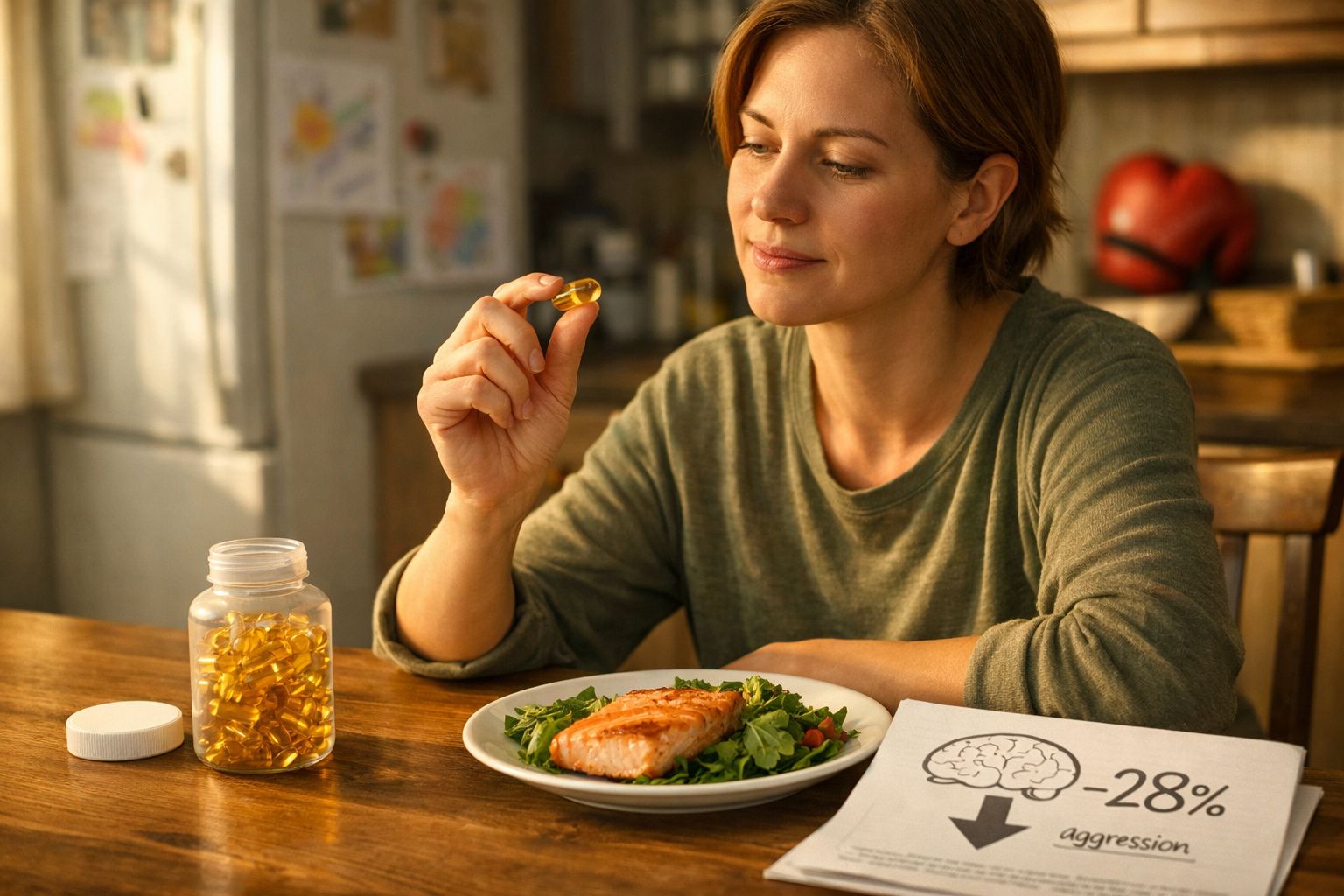 Mulher sentada a uma mesa com prato de salmão e a segurar uma cápsula de suplemento alimentar dourada.
