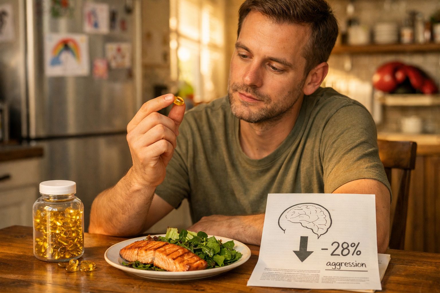 Homem a segurar cápsula de suplemento com prato de salmão e folhas verdes, com gráfico sobre redução de agressividade.