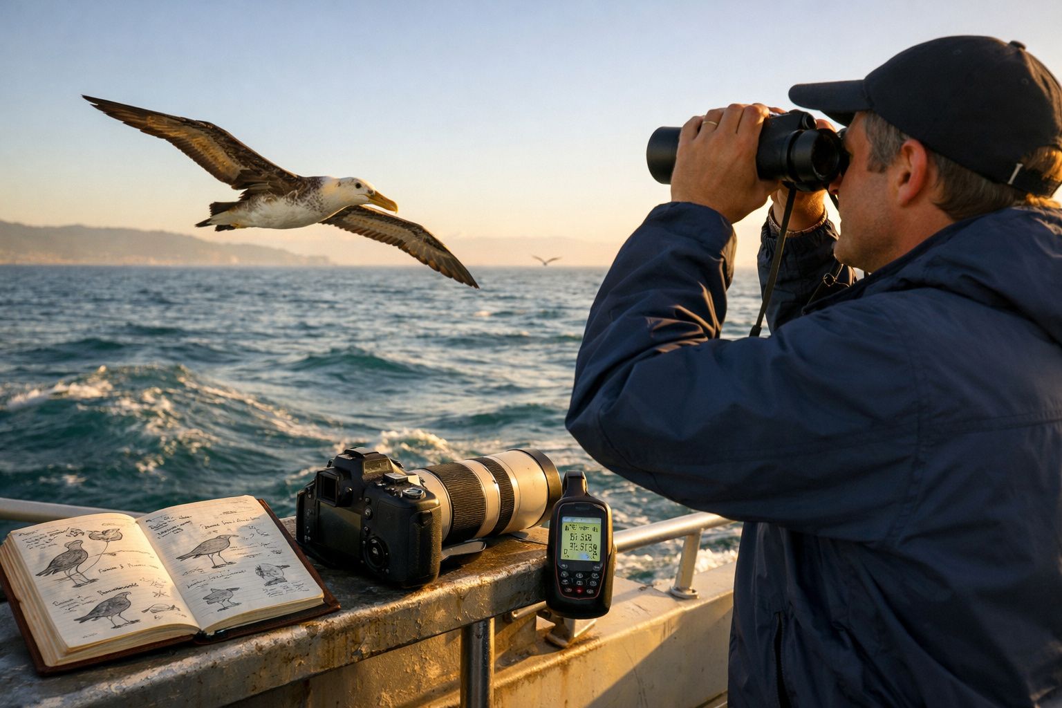 Homem com binóculos observa ave marinha a voar sobre o mar numa embarcação ao pôr do sol.