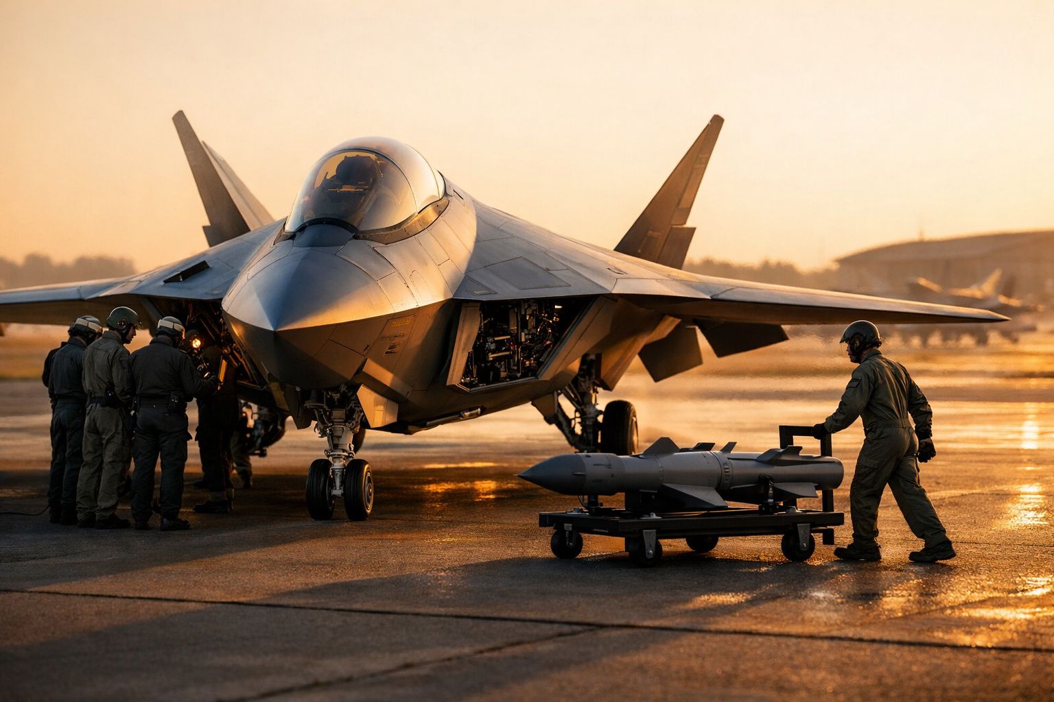 Caça furtivo estacionado ao pôr do sol com quatro militares a preparar mísseis para carregamento.