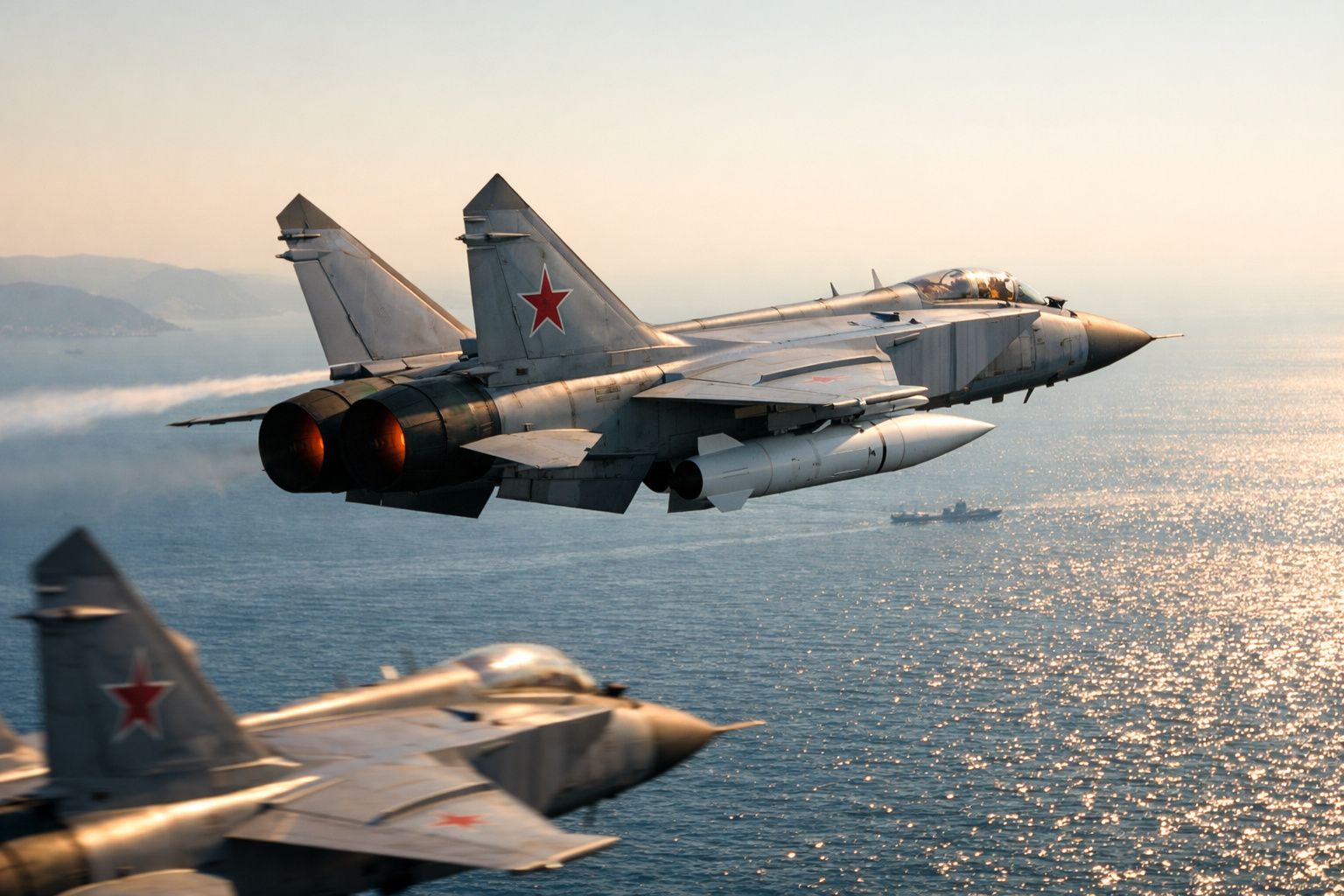Dois caças militares russos a voar sobre o mar ao pôr do sol.
