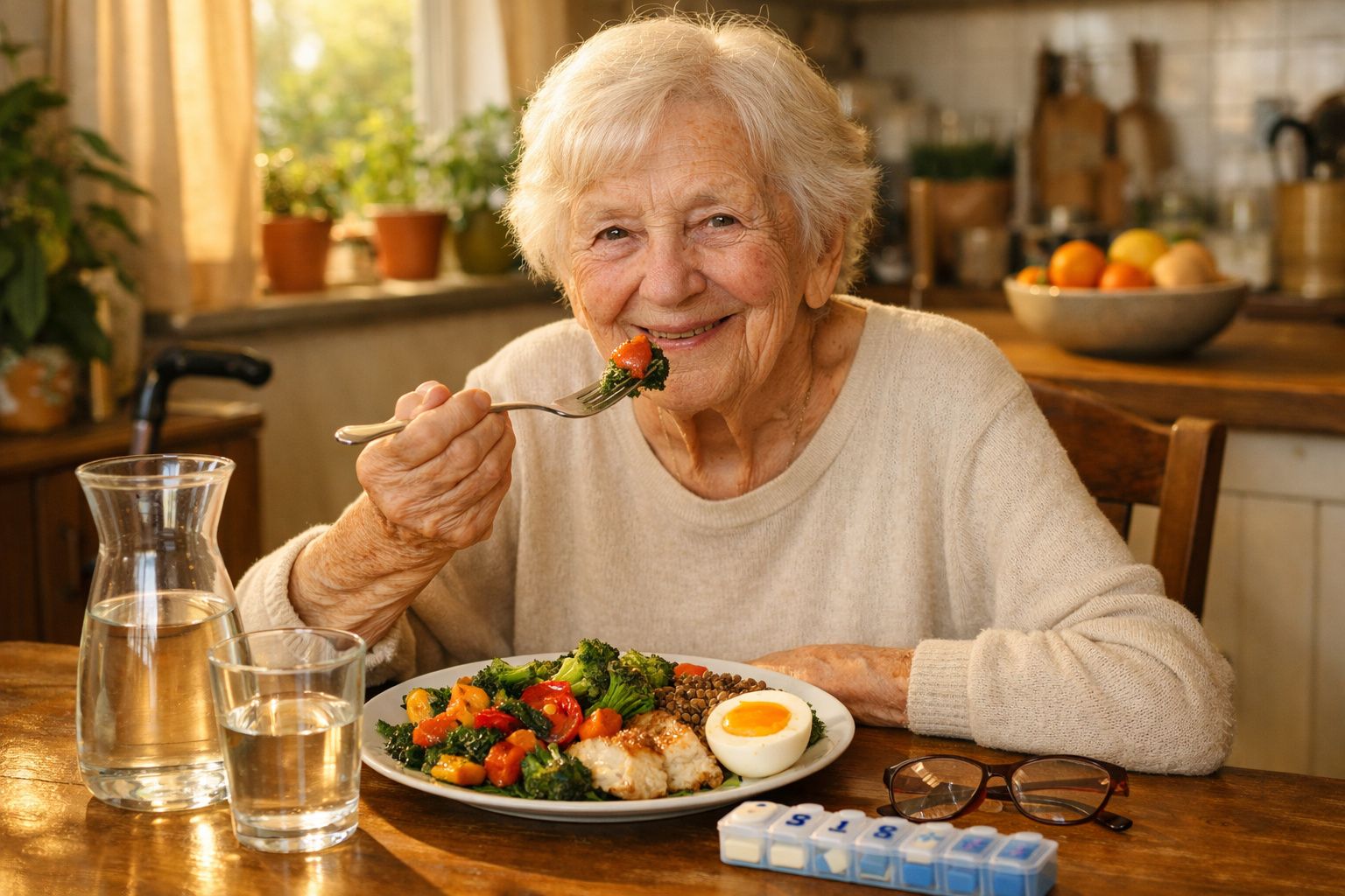 Idosa sorridente a comer uma refeição saudável com legumes, ovo e peixe numa cozinha acolhedora.