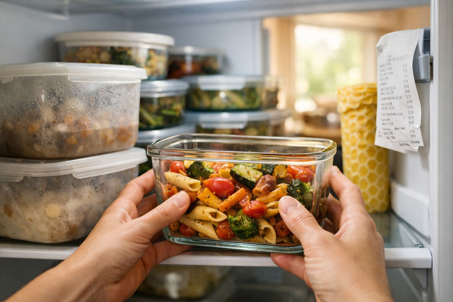 Mãos a colocar recipiente de vidro com massa, legumes e legumes no frigorífico, com outros recipientes ao fundo.