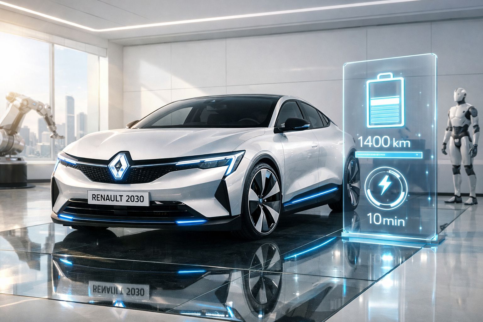 Carro elétrico Renault 2030 branco num ambiente futurista com painel holográfico de autonomia e carga rápida.