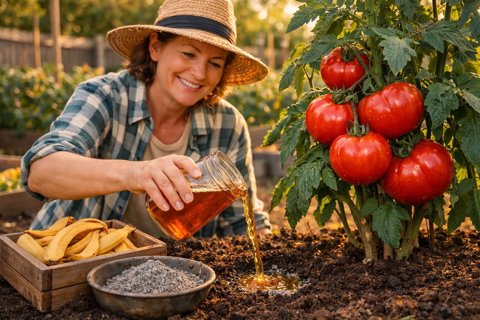 Mulher a adubar planta de tomate com líquido castanho no jardim durante o dia.