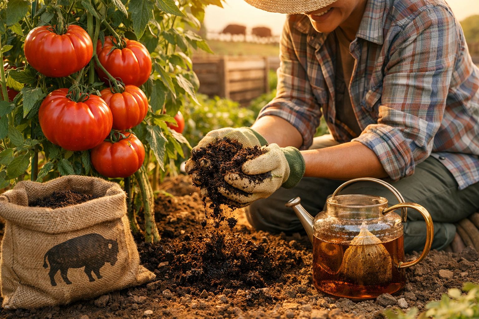 Pessoa com luvas a deitar terra num jardim com pés de tomate maduros e regador de vidro ao lado.