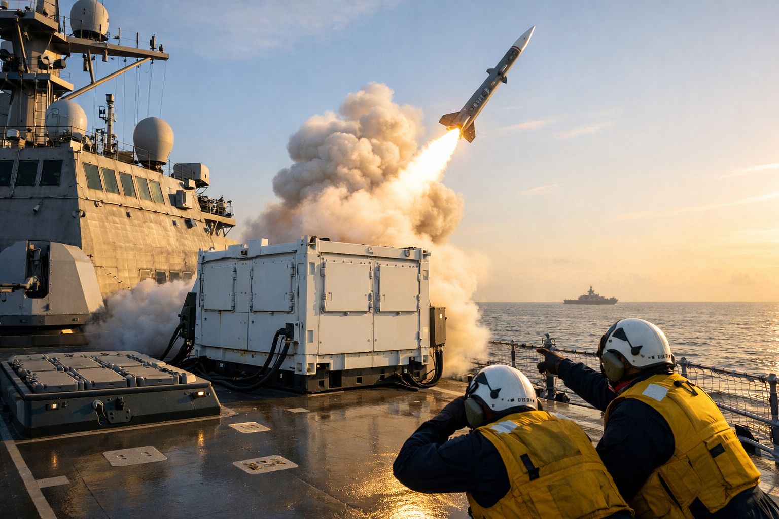 Dois militares observam lançamento de míssil a partir de navio de guerra no mar ao pôr do sol.