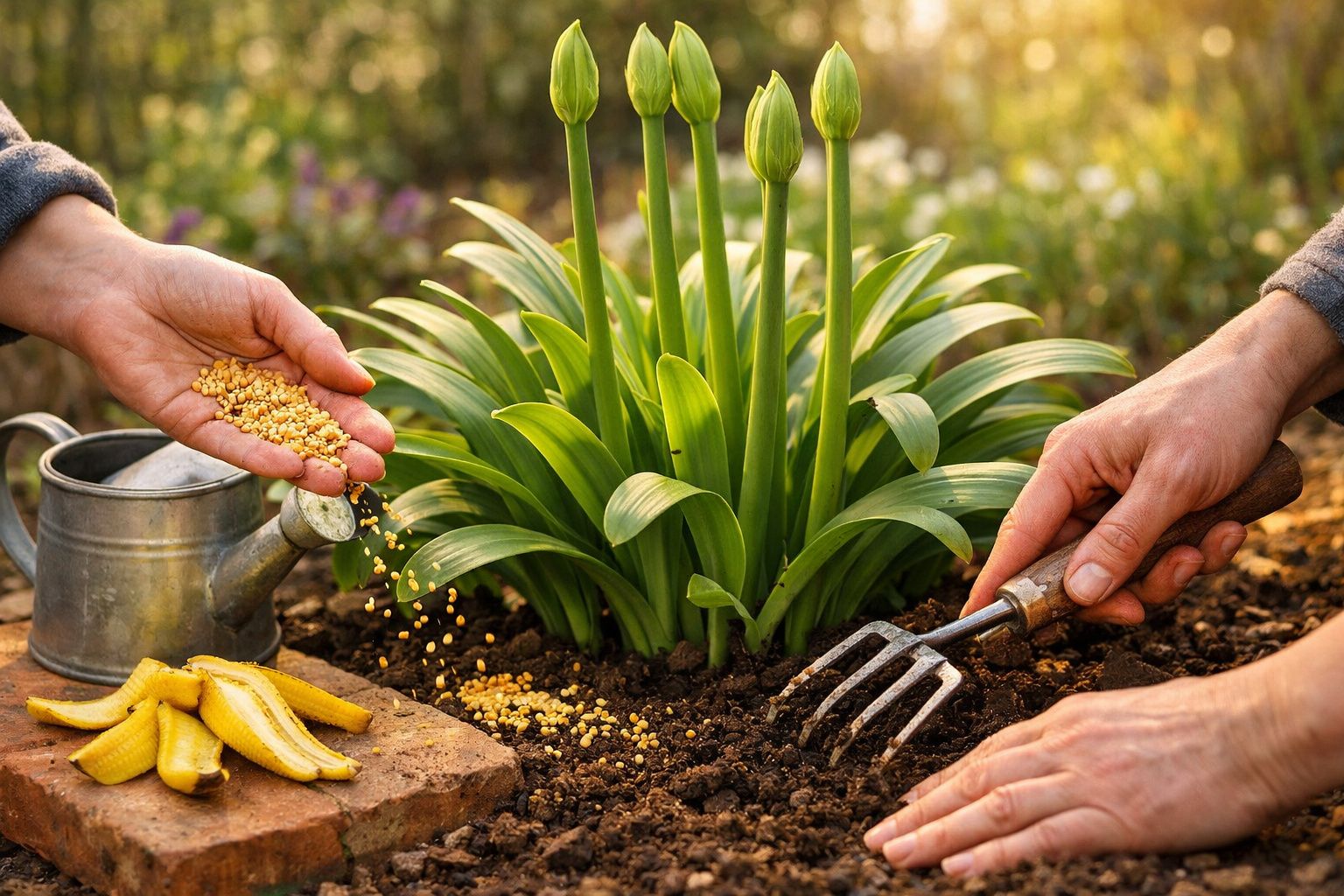 Duas mãos a preparar o solo e semear perto de planta verde com botões e regador em fundo desfocado.