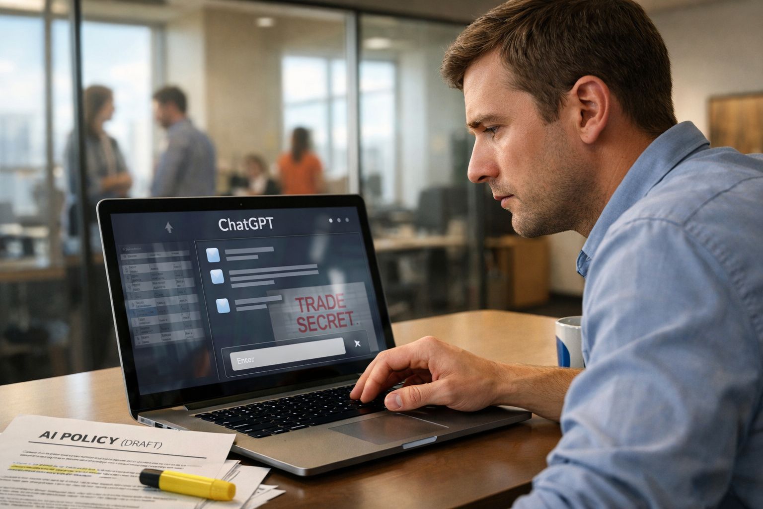 Homem concentrado a consultar informação confidencial no ecrã do computador portátil numa sala de escritório.
