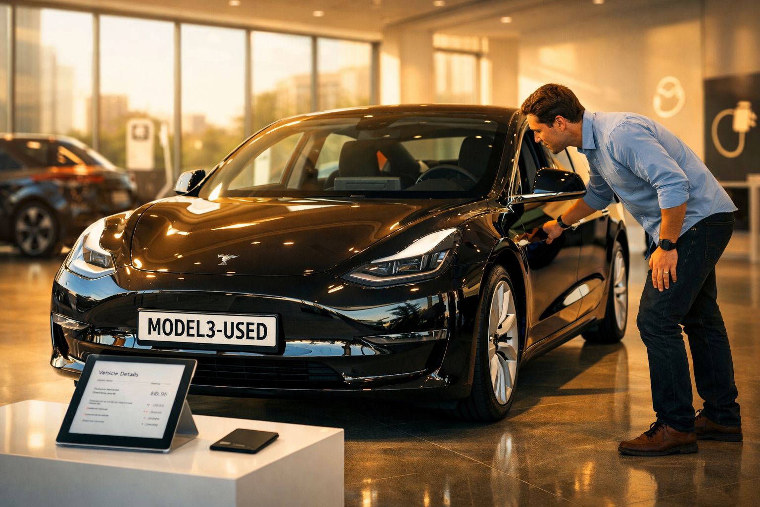 Homem inspeciona carro preto Tesla Model 3 usado numa sala de exposição moderna e iluminada.