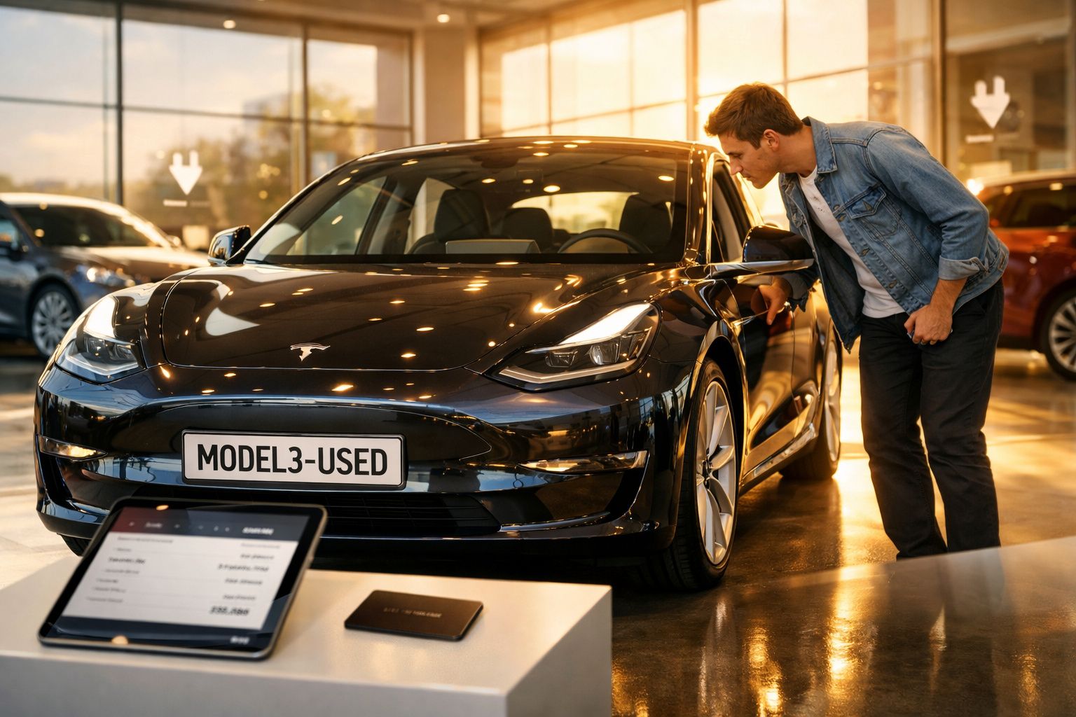 Homem a examinar de perto um Tesla Model 3 preto usado numa exposição de carros.