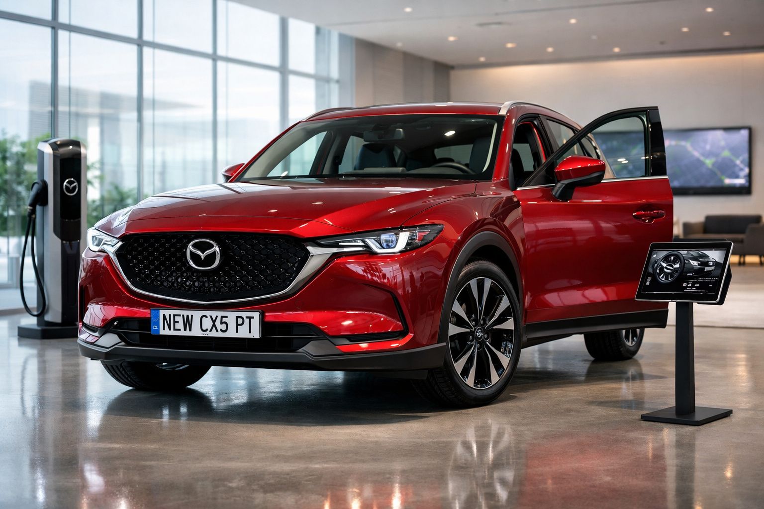 Carro vermelho Mazda CX-5 com porta aberta, exposto numa loja com carregador elétrico e painel informativo.