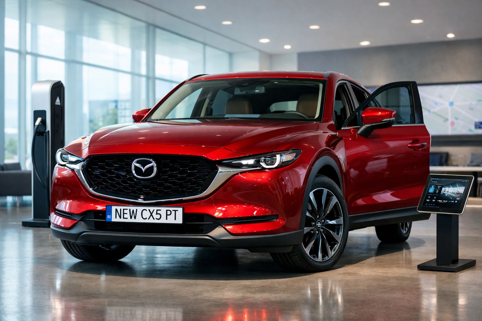 Carro Mazda CX5 vermelho com porta dianteira aberta, exposto numa sala moderna com carregador elétrico.