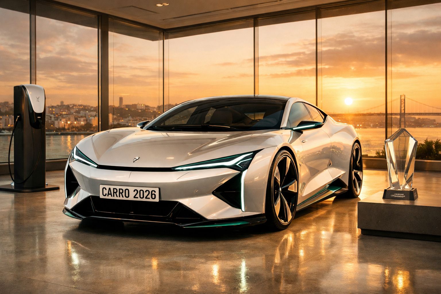 Carro desportivo elétrico futurista branco num showroom com vista para o pôr do sol junto ao rio e ponte.