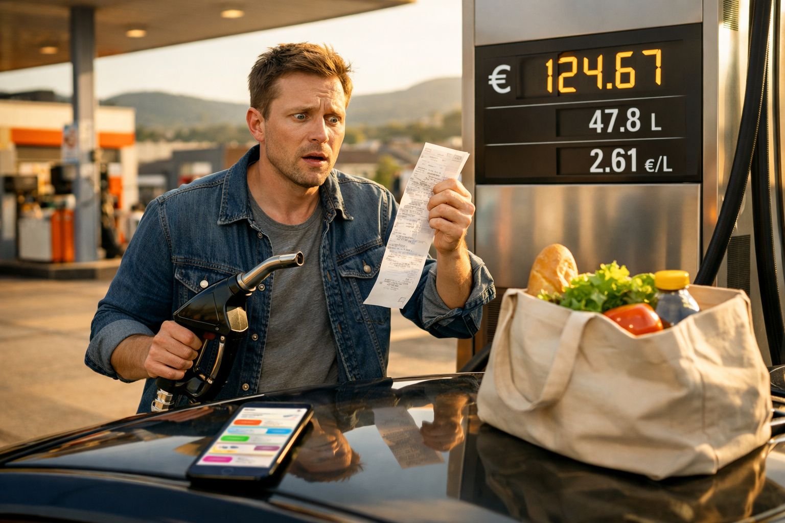 Homem surpreendido ao ver fatura alta da gasolina numa bomba de combustível, com saco de compras na viatura.