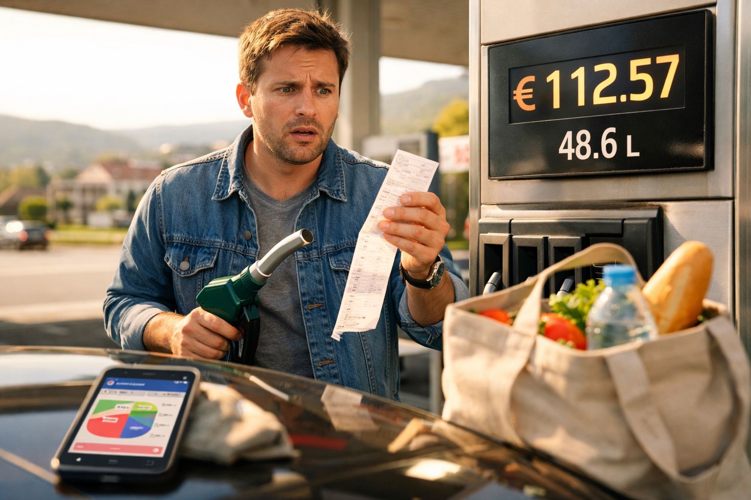 Homem com expressão preocupada a olhar para recibo de combustível num posto de gasolina com custo elevado.