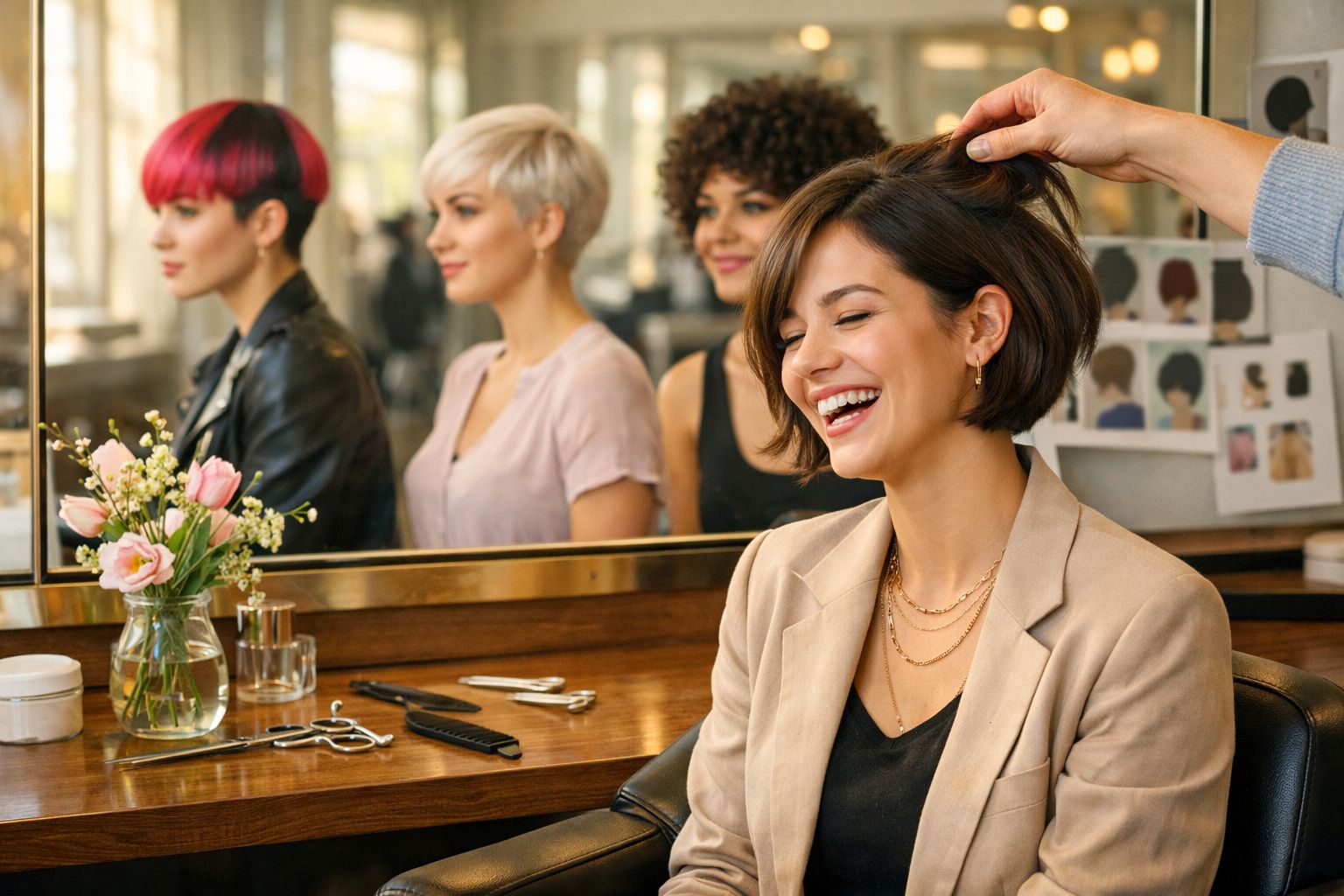 Mulher sorridente com cabelo curto a ser penteada num salão de beleza, ao lado de três mulheres sentadas.