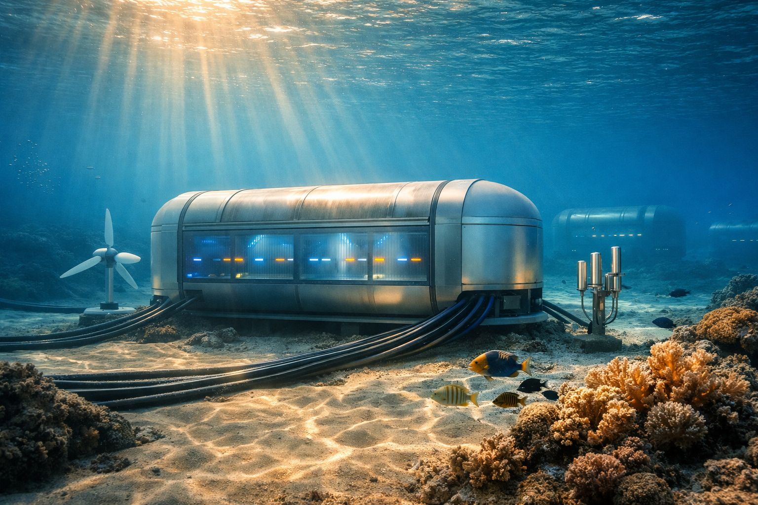 Estação subaquática futurista com tecnologia avançada, rodeada de corais e peixes no fundo do mar.