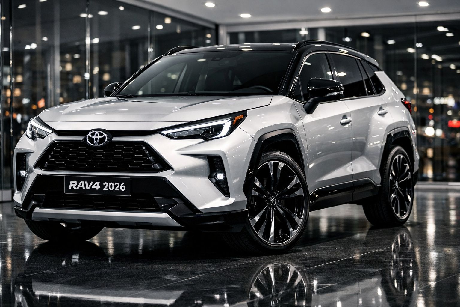 Toyota RAV4 2026 branco estacionado em ambiente urbano com iluminação noturna e reflexo no chão brilhante.