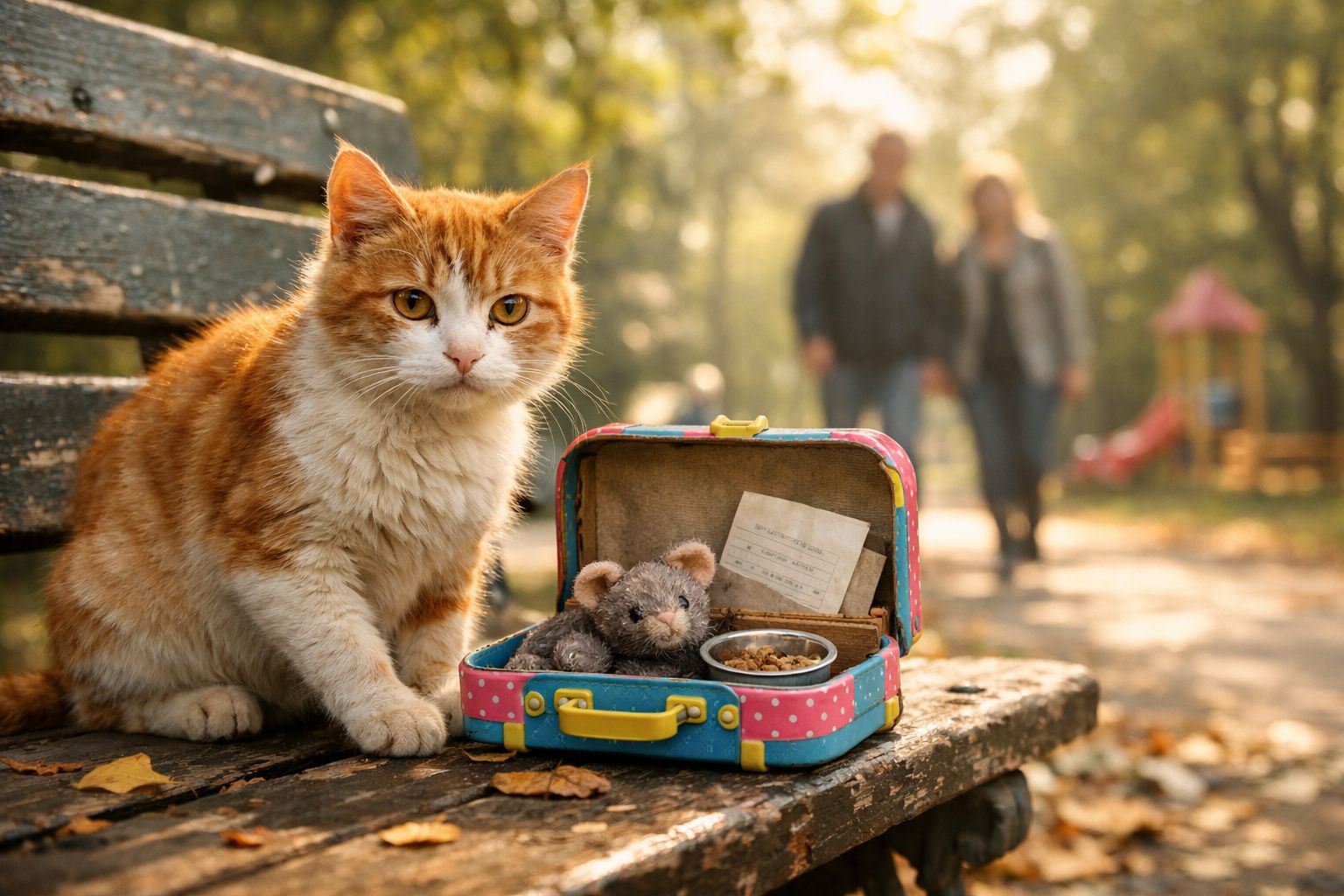 Gato ruivo sentado no banco junto a mala colorida com brinquedo e comida, parque ao fundo com casal desfocado.
