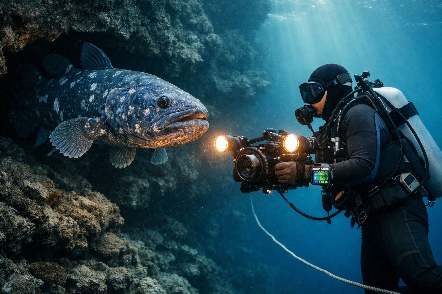 Mergulhador filmando peixe grande perto de uma parede de coral subaquática.
